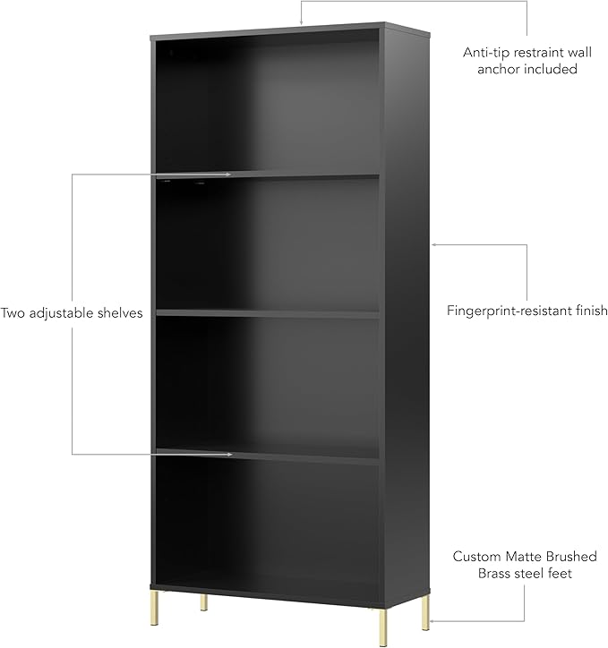 Bush Home Essence 4 Shelf Bookcase, Living Room Furniture, Essence Collection, Black Stipple