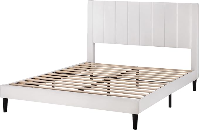 SHA CERLIN Full Bed Frame/Velvet Upholstered Platform Bed Frame with Headboard/Strong Wood Slats Support/Mattress Foundation/No Box Spring Needed/Easy Assembly/White