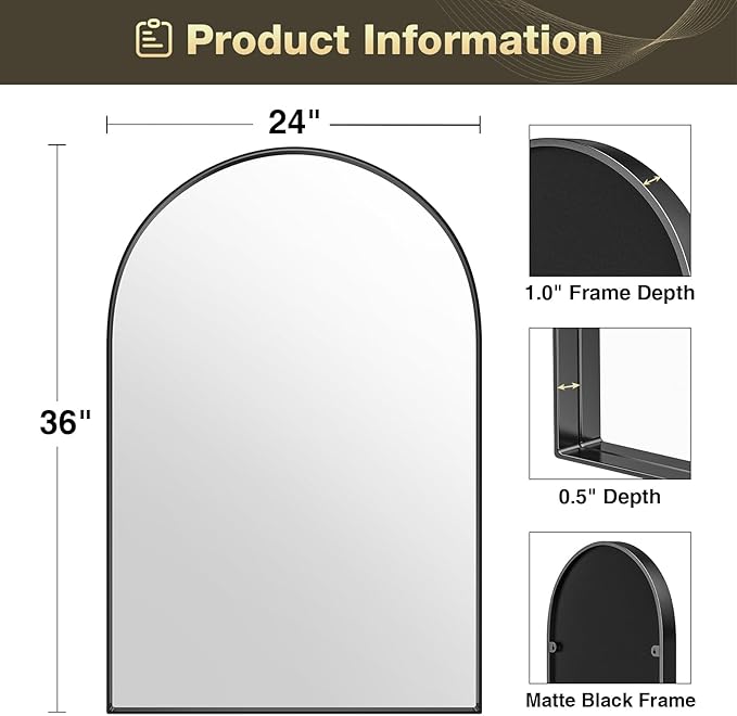 Brightify Arched Mirror, Arched Wall Mirror, 24 x 36 Inch Black Arch Mirror, Metal Frame Black Bathroom Mirror, Arched Top Bathroom Vanity Mirror for Living Room Bedroom Mantel Entryway Hallways