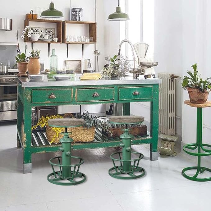 Topower Antique Industrial Round Bottom Adjustable Height Cafe Coffee Retro Vintage Stylish Water Pipe Design Pub Kitchen Bar Stool (Antique Green, PU Leather Top)