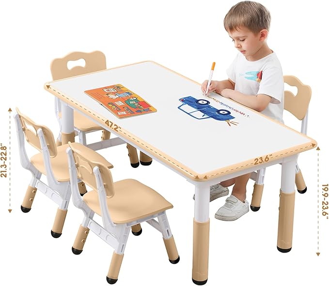 Kids Table and Chair Set Height-Adjustable Toddler & 6-Chair Set with Graffiti-Proof Desktop, Non-Slip Legs β Arts/Crafts Activity Table for Daycare Classrooms Ages 2-12