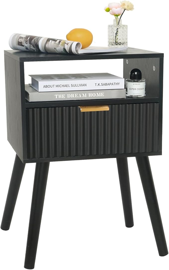 Black Nightstand, Modern Bedside Table with Fluted Drawers, Small Night Stand with Storage and Solid Wood Legs for Bedroom, Dorm and Small Space (Black)