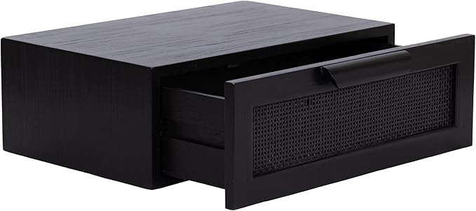 Kate and Laurel Ori Transitional Cane Rattan Floating Side Table with Pull-Out Storage Drawer, 18x13x6, Black