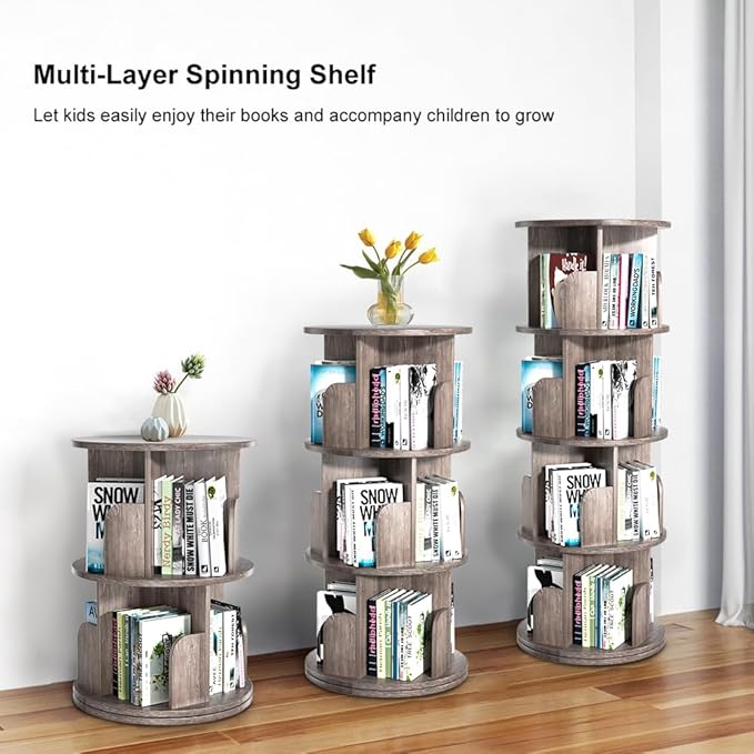 Nidouillet Rotating Bookshelf, Revolving Bookcase 360 Display Round Bookshelf Narrow Swivel Corner Book Shelf Standing Bookcase for Adult Bedroom, Living Room (Oak Grey, 3 Tier)