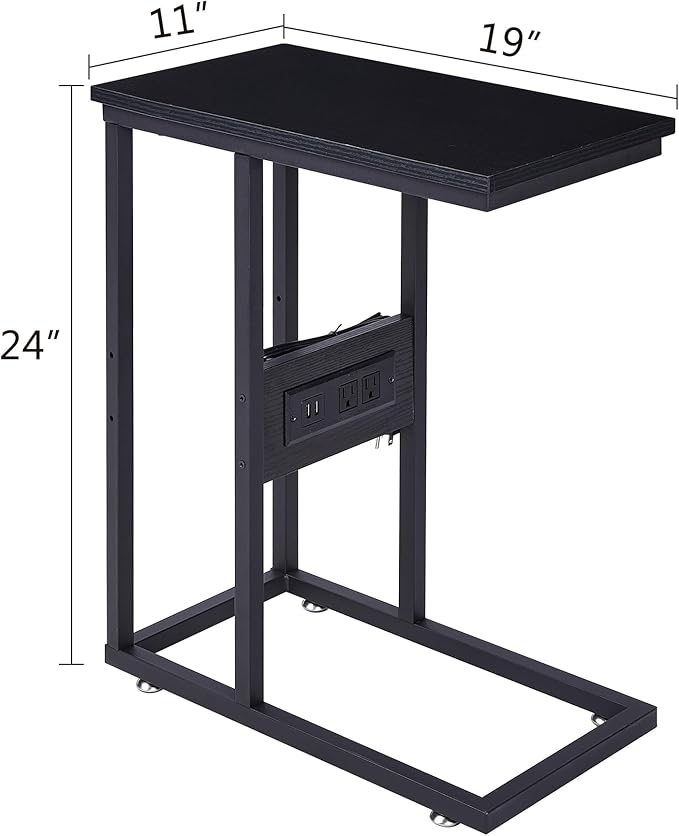 VECELO C Shaped End Side Table with Charging Station & Power Outlets for Couch Sofa/Bed, Snack TV Tray with Metal Frame for Living Room Bedroom 1 Set, Black