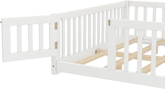 Queen Size Floor Bed Frame with Slats and Safety Guardrail, Wood Queen Size Montessori Floor Bed with Door and Fence, Easy Assemble Montessori Beds for Kids, Girls, Boys, White