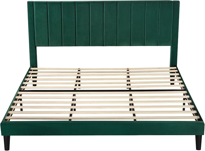 SHA CERLIN King Bed Frame/Velvet Upholstered Platform Bed Frame with Headboard/Strong Wood Slats Support/Mattress Foundation/No Box Spring Needed - Green