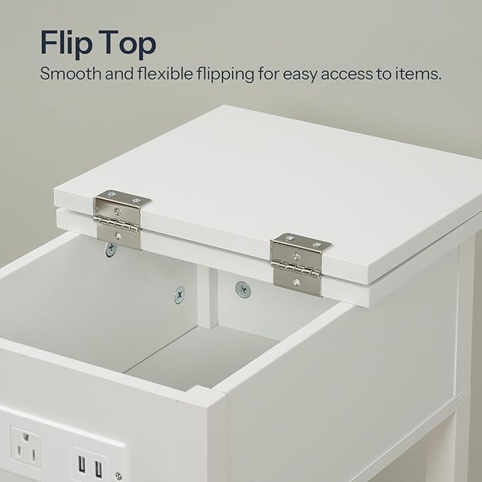 HOOBRO End Table with Charging Station, Flip Top Side Table with USB Ports, Narrow Nightstand Bedside Tables with Storage Shelves, for Small Space, Living Room, White WT141UBZ01