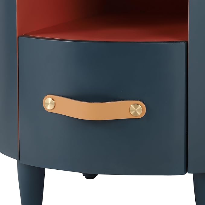 Merax Round Nightstand with Storage Drawer, MDF Contemporary Modern Bedside Table with Open Storage Shelf, Curved Design Sofa End Table for Bedroom & Living Room, Easy Assembly, Blue