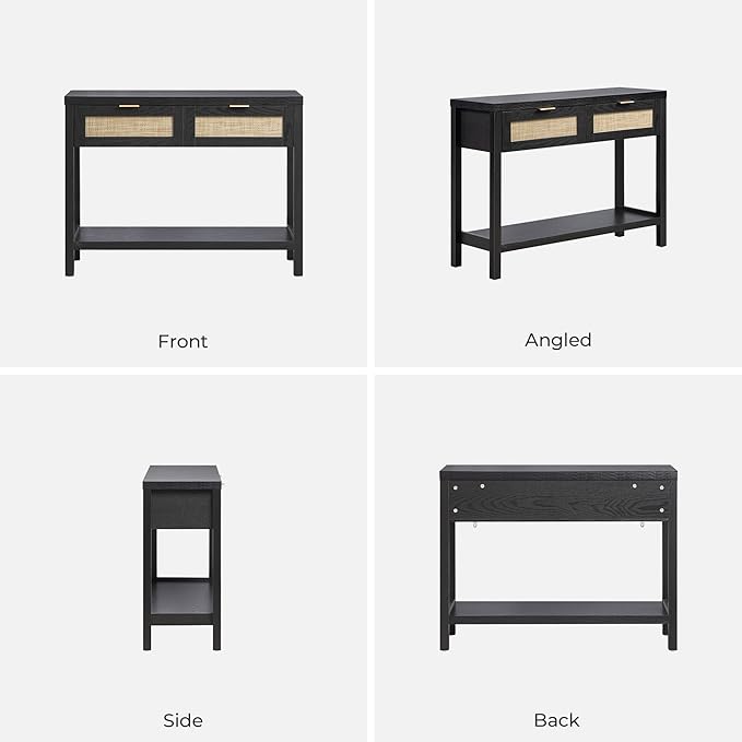 SICOTAS Black Console Table Set of 2 - Boho Entryway Table with Rattan Drawers, 2 Tier Shelf, Narrow Long Sofa Tables for Living Room, Entry Table for Hallway, Foyer