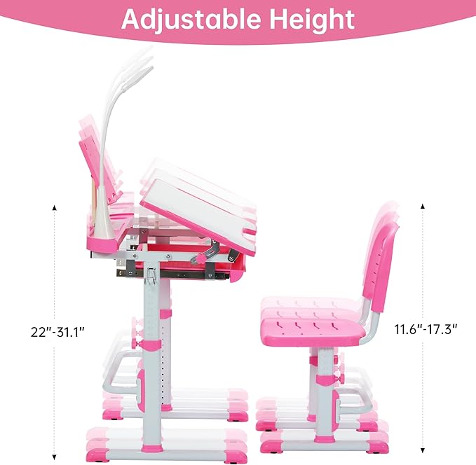Real Relax Kids Desk and Chair Set, Children's Multifunctional School Tables with Tilt Desktop, LED Light, Metal Hook Pink