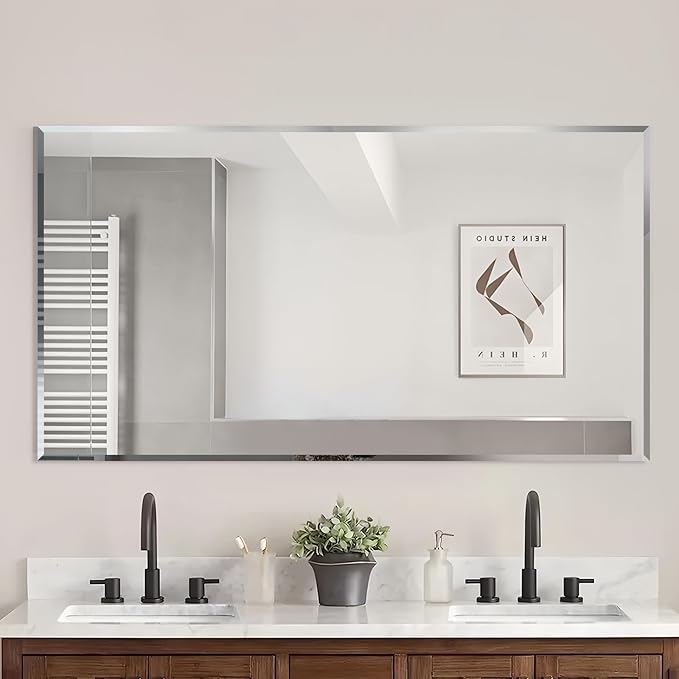 Frameless Beveled Edge Bathroom Mirror 55x30 Inch Rectangle Wall Mirror Explosion Proof and Shatterproof Bathroom Vanity Mirror Wall Mounted Hang Firmly (Horizontal or Vertical)
