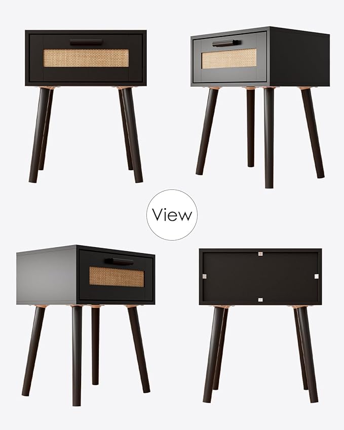 Bedroom Nightstands Wooden Night Stands with Rattan Weaving Drawer Home Bedside End Table for Bedroom Storage (Bohemian-Black)