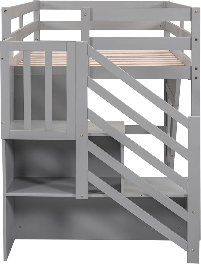 Twin Size Loft Bed with Storage Staircase and Window,Wood Twin Loft Bunk Bedframe with Full-Length Guardrail and Sturdy Slat Support, No Noise,No Box Spring Needed,for Kids,Teens,Boys,Girls,Gray