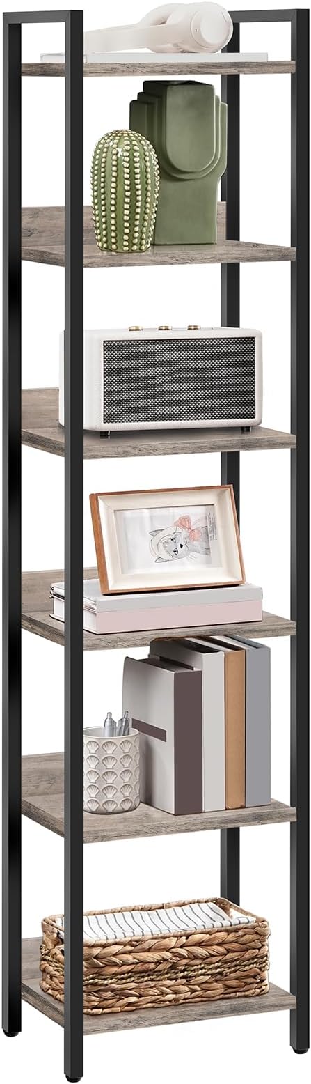 Bookshelf, 6-Tier Bookcase, Standing Book Shelf for Small Space, Storage Shelf Organizer, for Living Room, Bedroom, Study, Balcony, Greige and Black BKHG6601