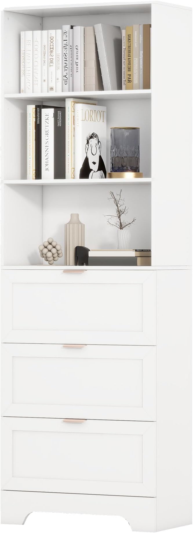 71" Tall Modern White Bookshelf with Storage 3 Drawers Freestanding Display Bookcase, Tall Book Shelf with Organizers and Storage, Display case for Home Office, Living Room,Study,White