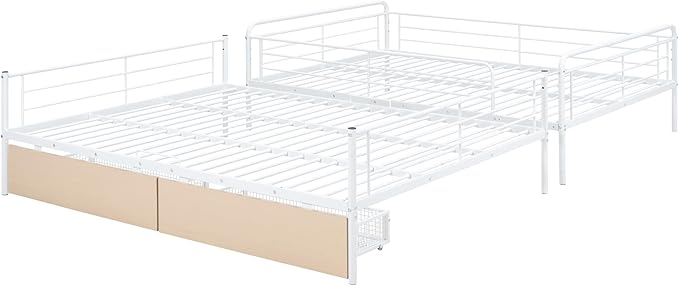 Full Over Queen Metal Bunk Bed with 2 Storage Drawers,Contemporary Iron-Crafted Bed Frame,w/Ladder & Full Length Gridded Guardrails,No Box Spring Needed,for Bedroom Guest Room,White