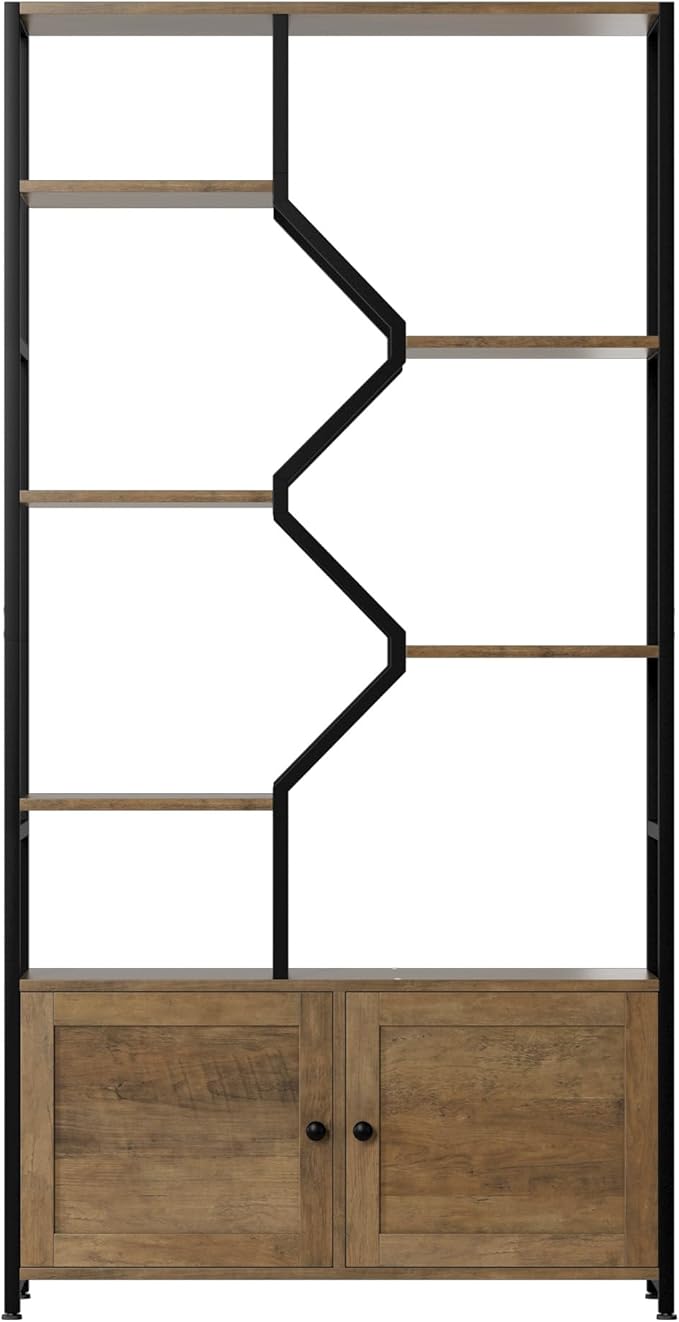 76" Tall Shelf with Storage Cabinet Doors, 6 Tier Open Bookshelf for Multi-use Display, Staggered Book Shelf Etagere Bookcase for Home Office/Living Room, Deep Metal & Wood Accent Shelf, Rustic Brown