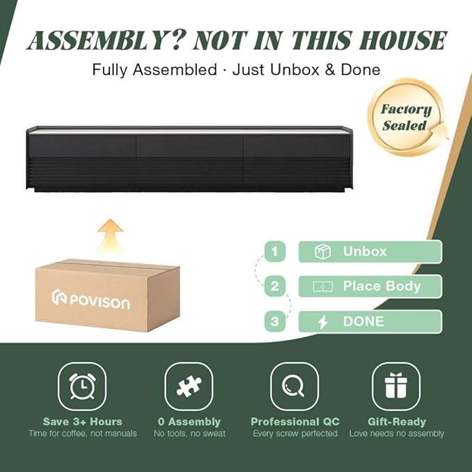 POVISON Fully-Assembled Mid Century Glossy Sintered Stone TV Stand, 118.11" Wood Media Console with Adjustable LED Light, Entertainment Center with Storage for Living Room(Black)