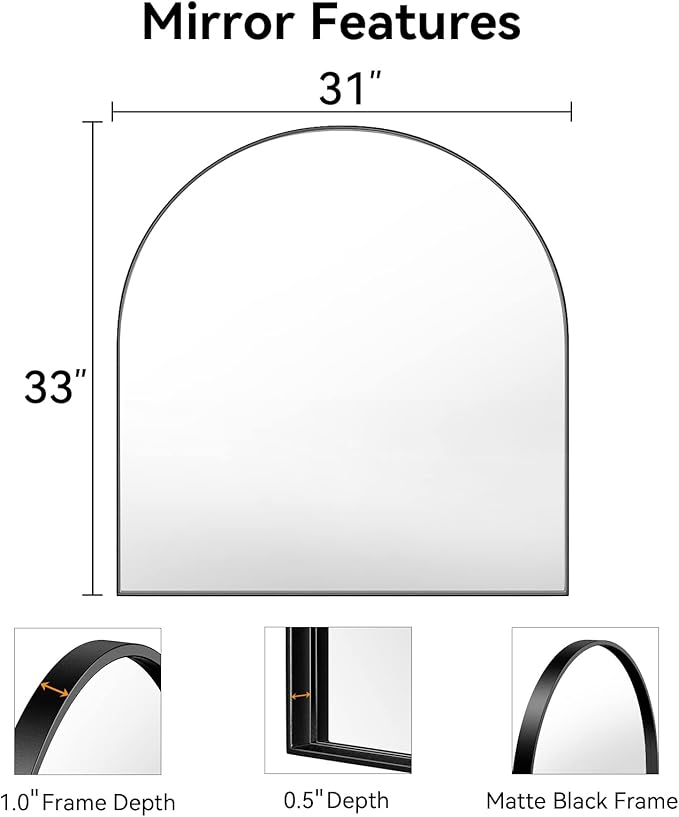Brightify Arched Mirror, 31 x 33 Inch Black Arch Mirror, Metal Frame Black Arched Wall Mirror, Arched Top Bathroom Vanity Mirror for Living Room Bedroom Mantel Entryway Hallways