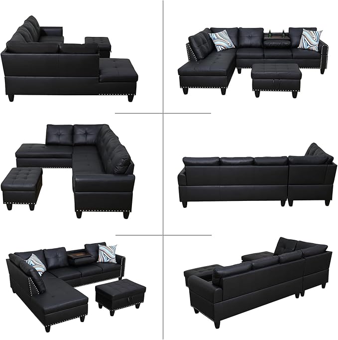 L Shaped Modular Sectional Sofa with Reversible Chaise Lounge, 5-Seater Corner Couch, PU Leather Convertible Sofá w/Movable Ottoman, Cup Holders, 2 Pillows and Rivet Ornament for Living Room