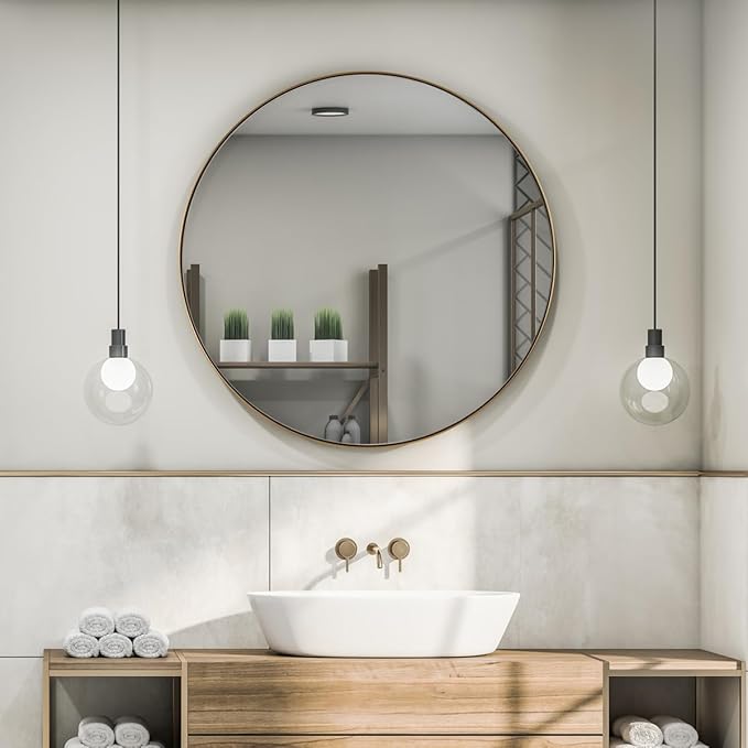 ANDY STAR Gold Round Mirror, 24’’ Brushed Gold Circle Bathroom Mirrors in Stainless Steel Metal Frame 1" Deep Set Design