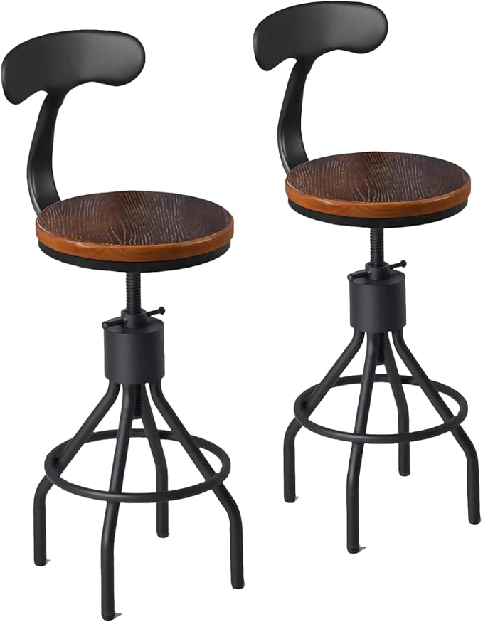 Diwhy Industrial Vintage Bar Stool, Kitchen Counter Height Adjustable Pipe Chair, Cast Iron Stool, Swivel Bar Stool with Backrest, Silver, Fully Welded Set of 2 Brown Wood Seat