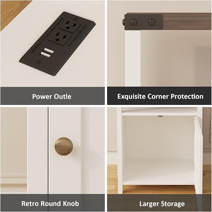 Farmhouse Nightstand Set of 2 with Charging Station, Rustic End Table Bedroom with Storage Living Room Side Table White Night Stand Industrial Bedside Bed Table with USB Ports and Outlets