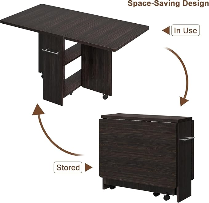 GarveeHome Folding Dining Table, Space Saving Farmhouse Dining Table for 4 Storage Shelf, 6 Wheels Multipose Expandable Kitchen Drop Leaf Table for Small Space (Dark Walnut, 47.2"D x 23.6"W x 29.5"H)