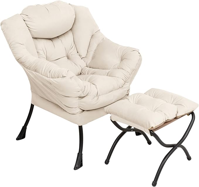 Lazy Chair with Ottoman, Modern Chair with Folding Footrest, Lounge Accent Chair, Comfortable Reading Chair, Oversized Armchairs for Bedroom, Study, Living Room, Courtyard (Beige)