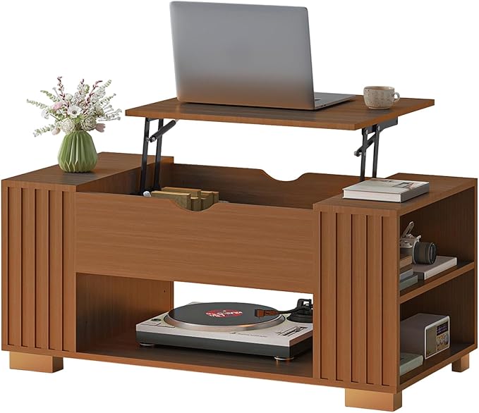 COMHOMA Lift Top Coffee Table for Living Room, 39" Center Table with Hidden Storage Compartment, Adjustable Wooden Tea Table for Small Spaces, Dark Walnut
