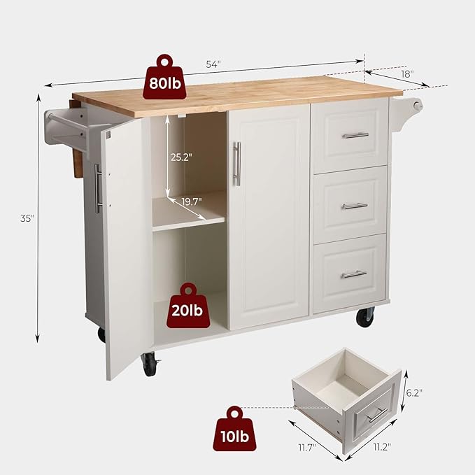 54" Rolling Kitchen Island Cart with Storage, Large Kitchen Cart Cabinet with Folding Drop Leaf Breakfast Bar, Wood Island Table with 3 Drawers and Spice Rack & Towel Rack, White