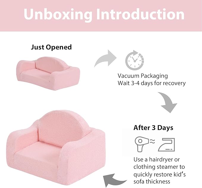 Welnow Kids Sofa, 2-in-1 Soft Sherpa Toddler Chair, Convertible Toddler Couch Lounger, Flip Out Kids Couch Chair with Side Pockets & Removable Cover for Girls and Boys, Pink