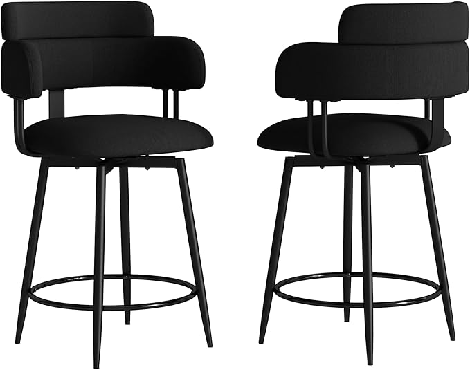 Swivel Bar Stools Set of 2, Counter Height Bar Stools with Ergonomic Full Back, Upholstered Linen Fabric Barstools with Chrome Metal Footrest for Kitchen Island, Dining Room