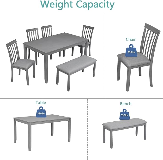 soges 6 Piece Kitchen Dining Table Set, Rectangular Wooden Dining Table with 4 Upholstered Chairs and a Bench for 6 People, Living Room, Home and Kitchen, Grey