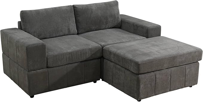 Loveseat Sofa with Ottoman, 74″ Modern Sectional Couches with Deep Seat, Small L Shaped Couch with Chaise for Living Room Bedroom, Brown