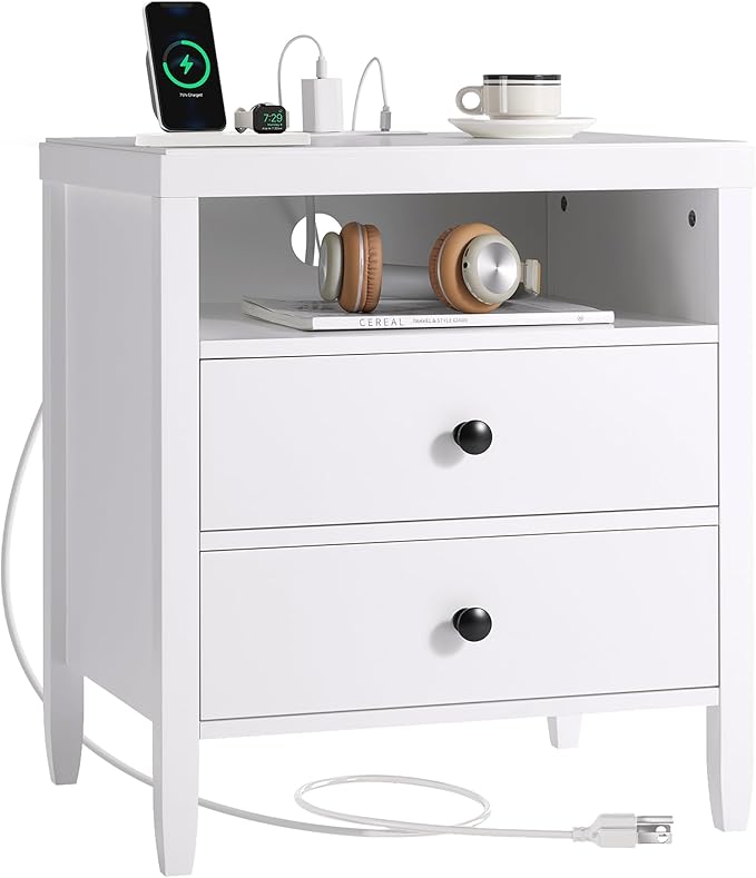 Huuger Nightstand with Charging Station, White Nightstand with 2 Drawers, Bed Side Table for Bedroom, Bedside Table with Storage, Modern Nightstands, Metal Knobs, Painted Surface