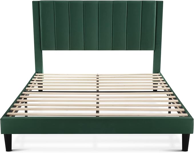 SHA CERLIN Queen Bed Frame/Velvet Upholstered Platform Bed Frame with Headboard/Strong Wood Slats Support/Mattress Foundation/No Box Spring Needed - Green