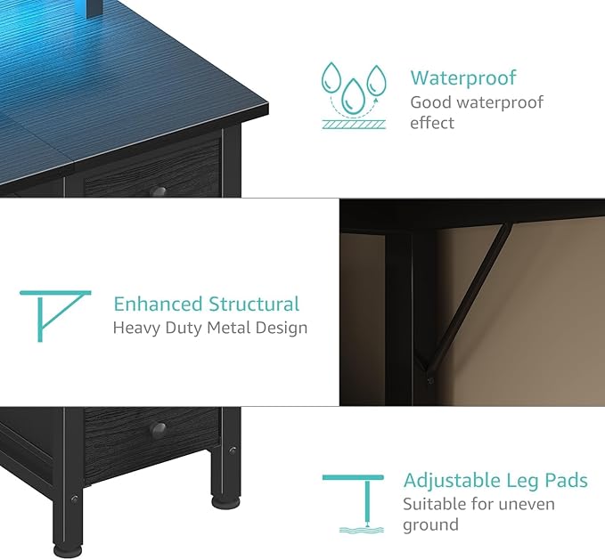 Lufeiya Black Gaming Desk with LED Lights and Power Outlets, 47 inch Computer Desk with Fabric Drawers and Storage Shelves, Home Office Desk with Monitor Stand, Black