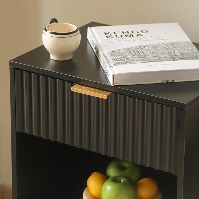 Black Fluted Nightstand, Modern Bedside Table with Drawer and Opening Storage, End Side Table Living Room with Solid Wood Legs for Bedroom (Black)
