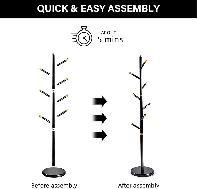CozyDH Black Coat Rack Freestanding Solid Wood Coat Rack Stand, Coat Tree Freestanding with 7 Hooks Creative Tree Branch-look for Entryway, Hallway, Bedroom