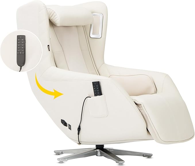 COLAMY Zero Gravity Massage Chair with 4-Zone Massage, Dual Lumbar Heat, Airbag Compression, 360° Swivel, Built-in Bluetooth Speakers & USB Charging, White