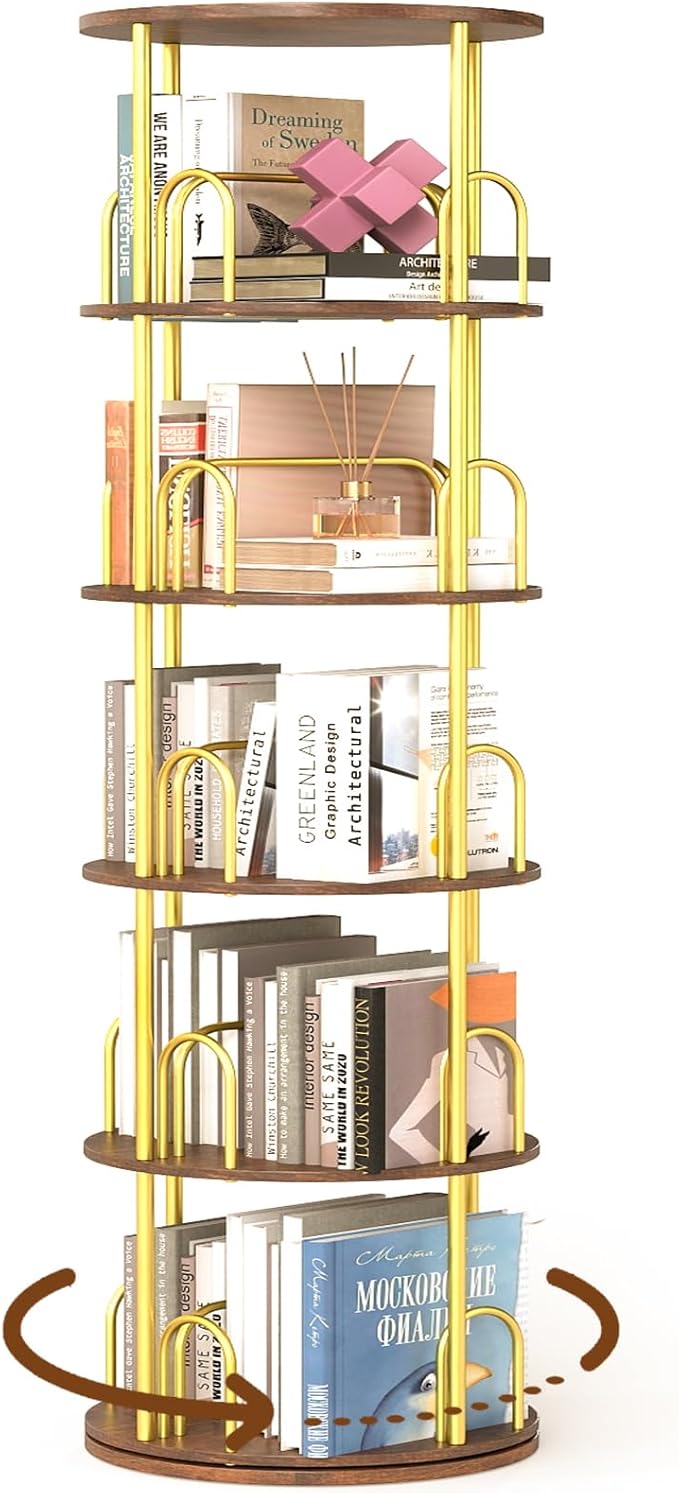 5-Tier Rotating Bookshelf, 360° Round Spinning Book Shelf Tower, Tall Skinny Wood & Metal Bookshelf for Corner/Office/Home, Modern Industrial Vintage Style