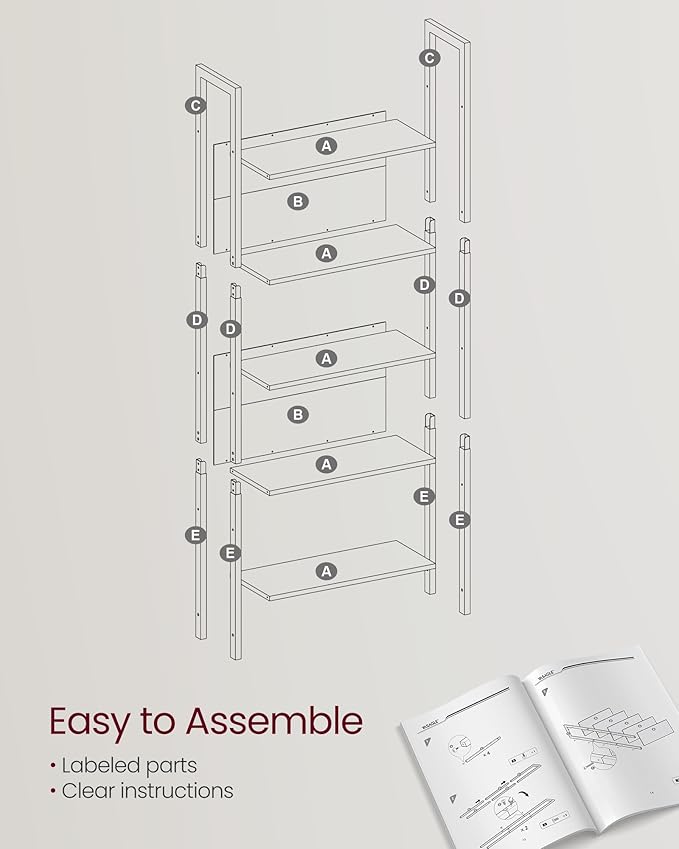 VASAGLE 5-Tier Bookshelf, Book Shelf, Industrial Bookcase, with Steel Frame, for Living Room, Home Office, Bedroom, 9.4 x 24.4 x 65 Inches, Greige and Black ULLS025B02