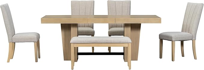 Ball & Cast 6 Piece Farmhouse Dining Table Set with Extendable Table,4 Upholstered Chairs & 1 Bench,Wooden Kitchen Table Set of 6,Backrest Chair with Table & Upholstery-Bench,for Dining Room,Natural