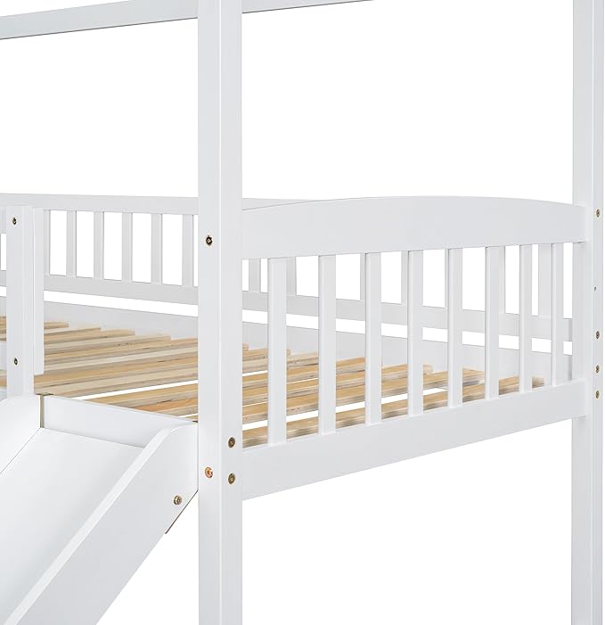 Ball & Cast Twin Over Twin Size House Bunk Bed with Slide and Storage Steps,Wood Bunkbed w/Full-Length Guard Rail & Ladder,Slat Support,Space Saving,Bedroom Furniture for Student Dorms,White