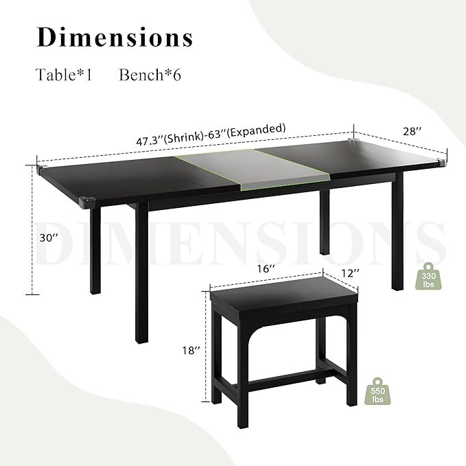 Feonase 7-Piece Dining Table Set for 4-8, 63" Large Extendable Kitchen Table Set with 6 Stools, Modern Dining Room Table with Heavy-Duty Frame, Easy Assembly, Black