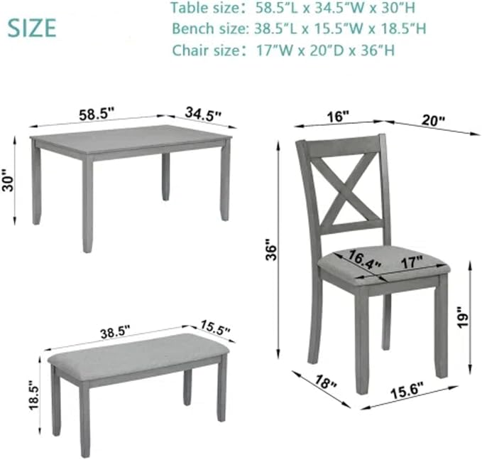 6-Piece Dining Table Set for 4-6 People, Kitchen Set with 4 Upholstered Chairs and One Bench, Living Room Chairs with X-Shape Backrest, Rectangular Wooden Table for Home Bar and Kitchen, Gray