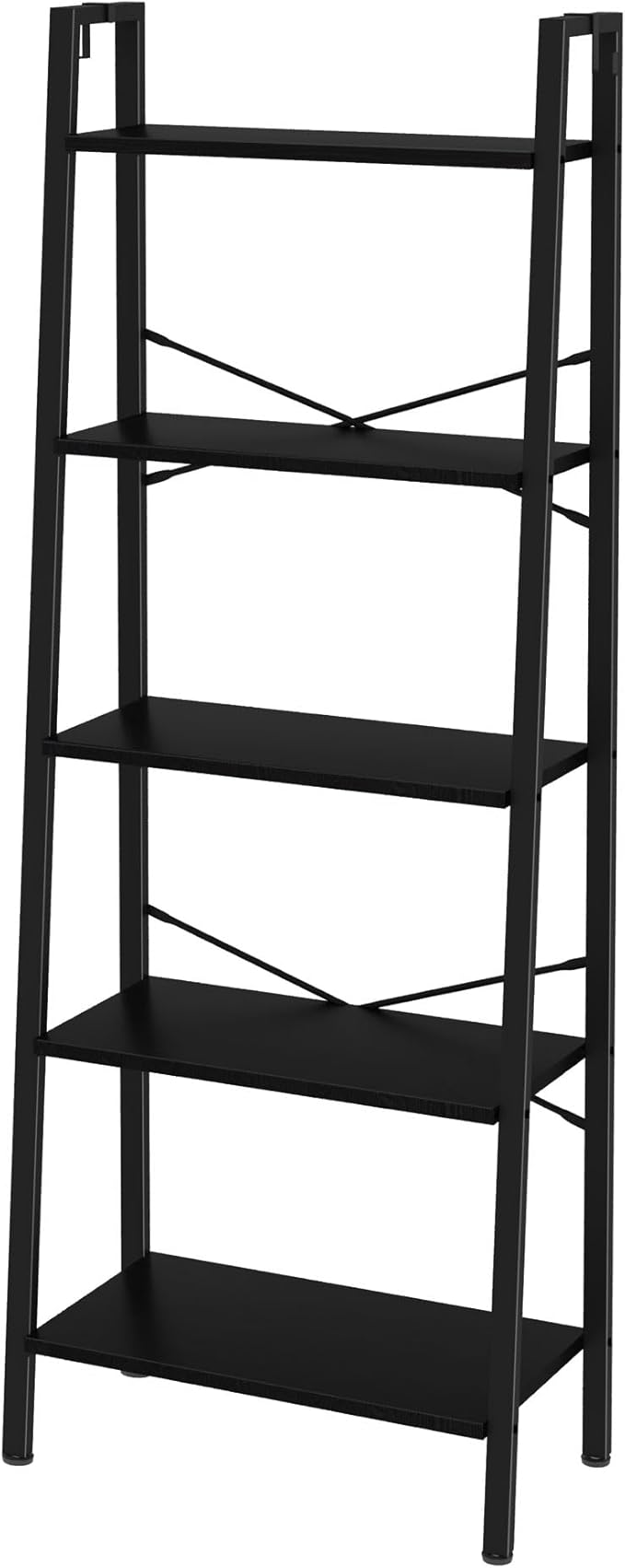 Ladder Shelf, Bookshelf Bookcase, Freestanding Corner Storage Shelve with 2 Hooks for Home Office, Living Room, Kitchen, Bedroom, Industrial, 5-Tier Black BC19304B
