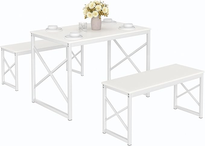 VECELO Kitchen Dining Table Set for 4, 43.3" Wood Rectangle Dinette with 2 Benches, Heavy-Duty Metal Frame for Small Space, Breakfast Nook, White